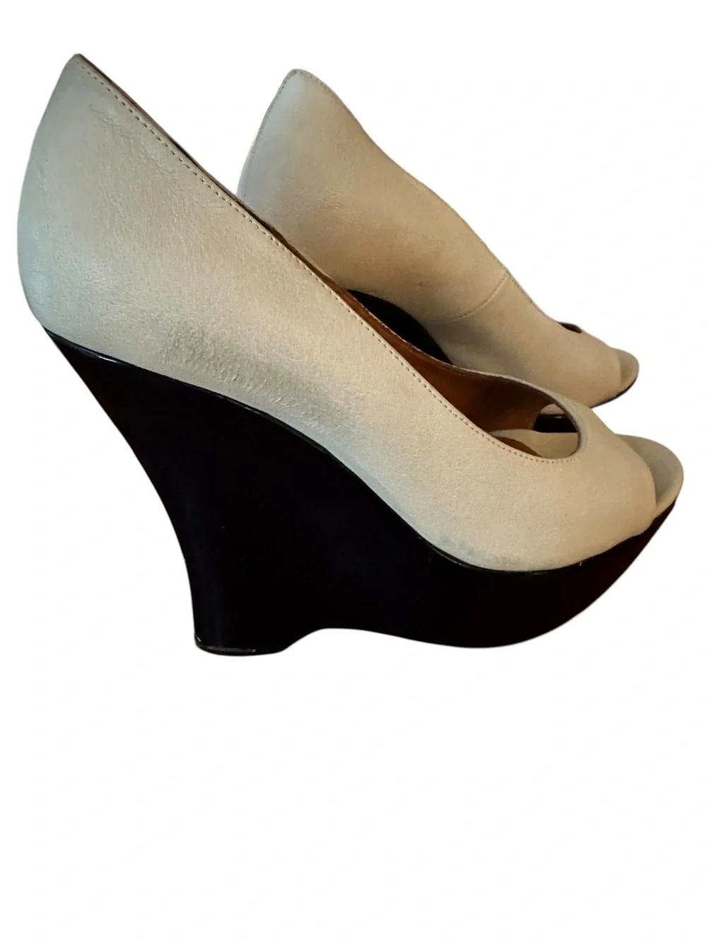 Vintage Lanvin Cream Leather Peep-Toe Wedge with lacquered Black Platform sz 37